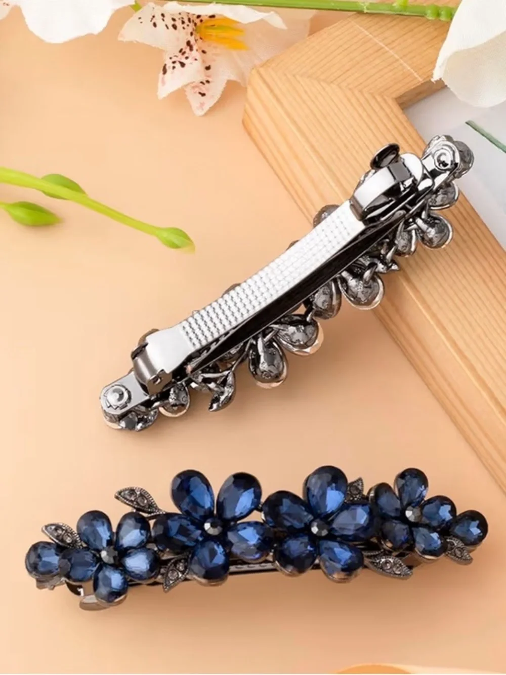 New Anthropologie Navy Floral Crystal Hair Barrette